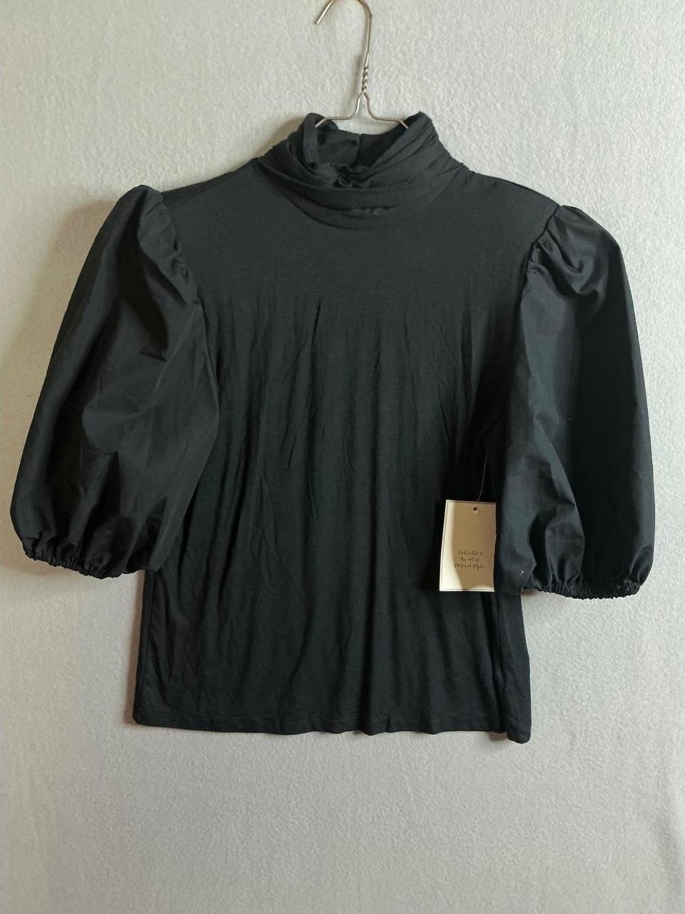 Women's Black Puff-Sleeve Turtleneck Long Sleeve Top
